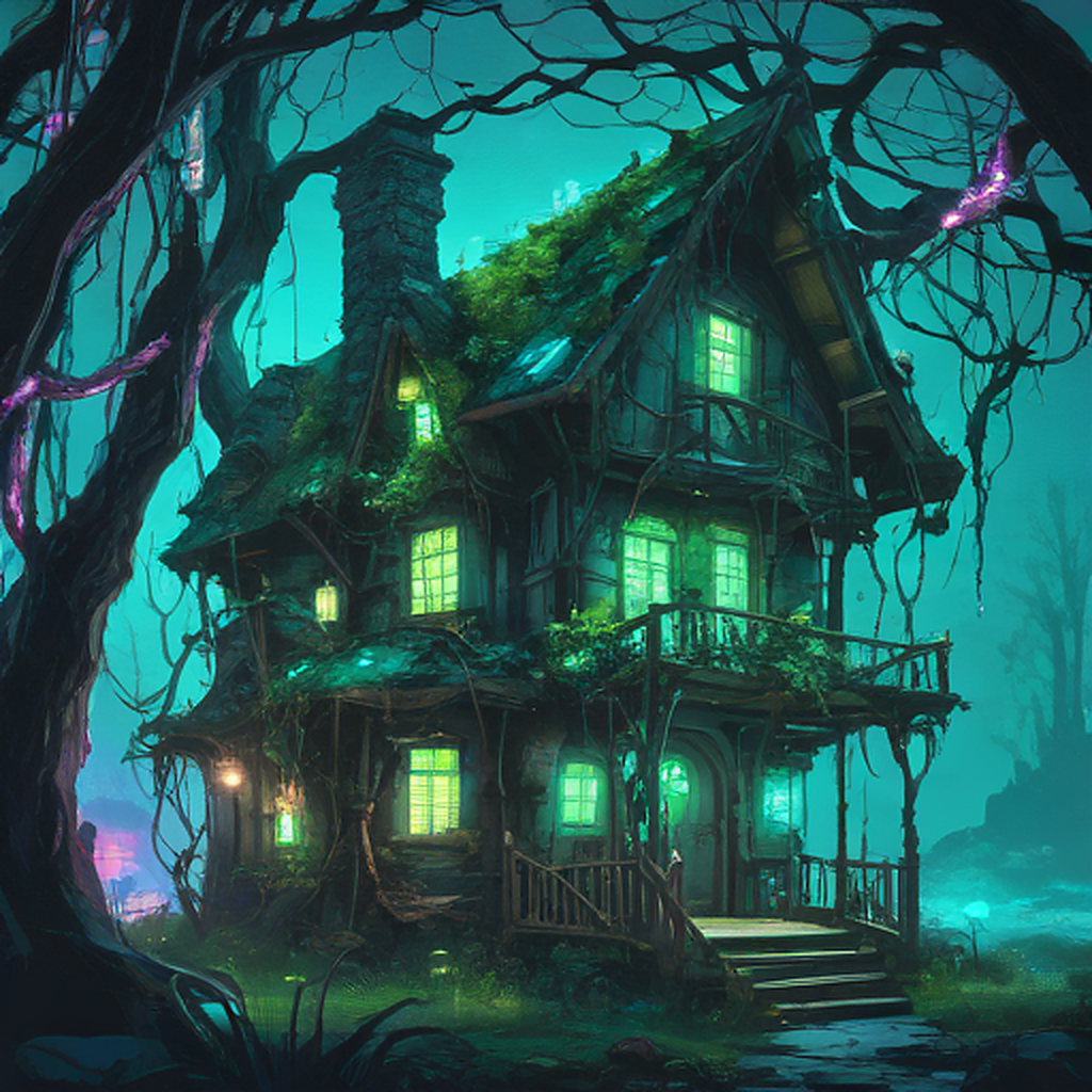 A dilapidated fairy tale cottage with glowing neon vines and flickering holographic mushrooms, nestled in a cyberpunk forest of towering bioluminescent trees, bathed in eerie blue-green neon light ...