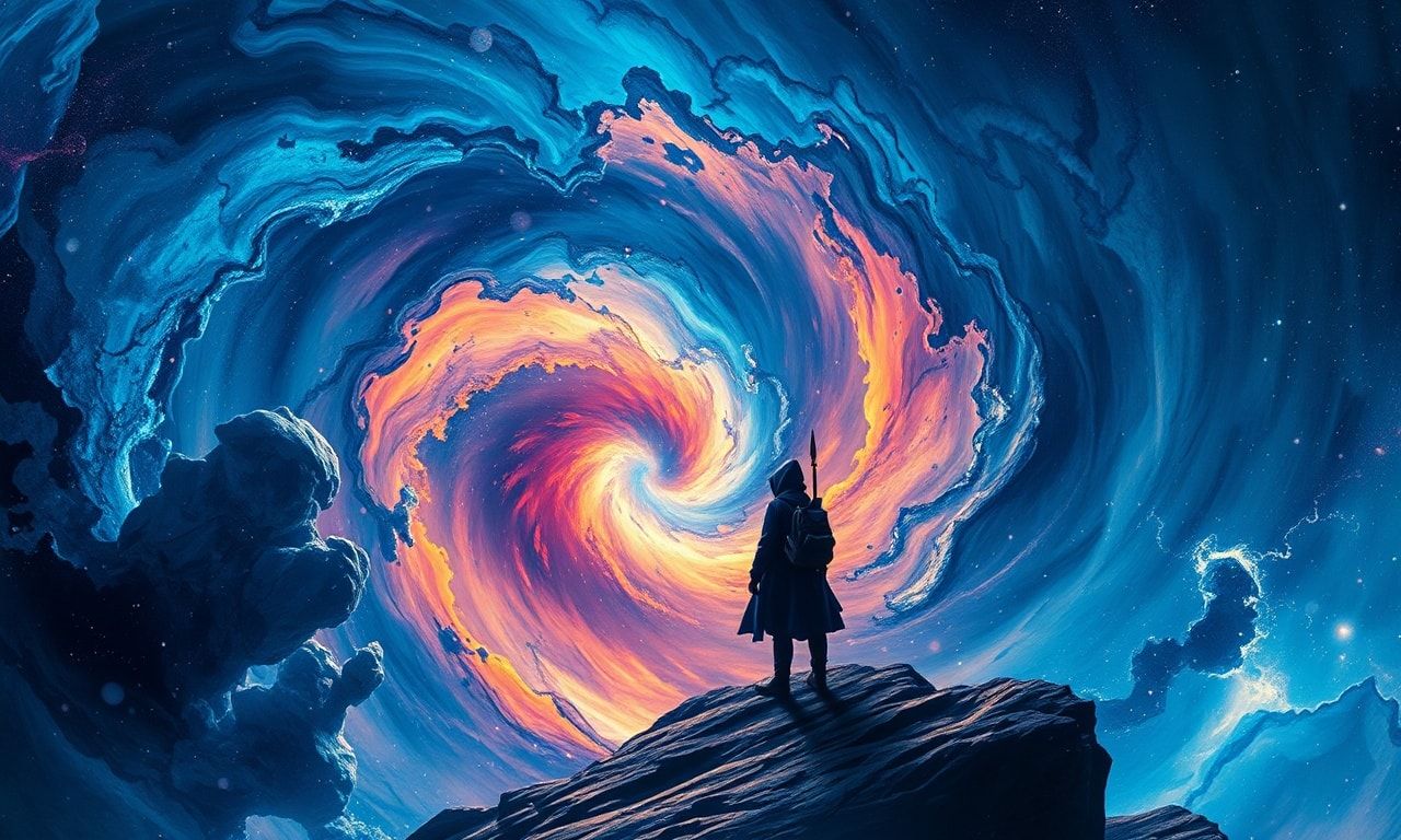 A solitary traveler, cloaked in deep indigo, stands at the edge of a cosmic maelstrom, their form etched in stark contrast against the kaleidoscopic storm of fractal energy. The vortex pulses with ...
