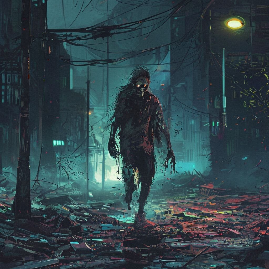A desolate urban street bathed in the eerie glow of flickering streetlights, where a lone zombie stumbles through scattered debris, its tattered clothes swaying in the cold wind. The scene is rende...