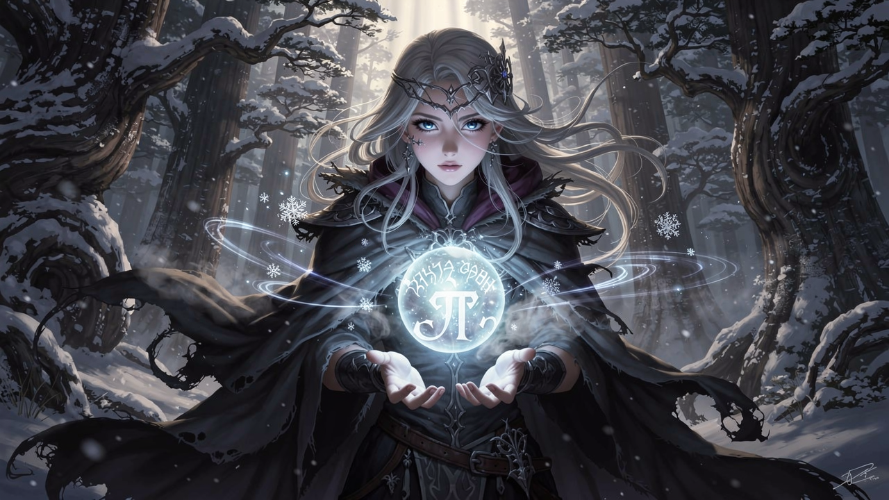 A mystical young woman with silver hair and glowing blue eyes stands amidst an ancient, snow-laden forest, her tattered cloak billowing in the icy wind as she gazes at a floating orb of ethereal li...