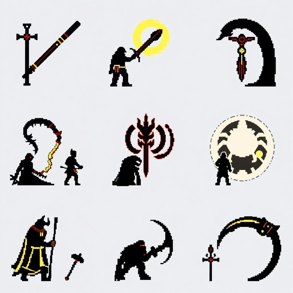 pixel art fantasy RPG UI icons pack, 16x16 pixels each, nordic medieval style, inspired by skyrim UI, dark outline, limited color palette, clean readable silhouettes, transparent background, retro pixel style, game ready icons, consistent lighting, grid aligned