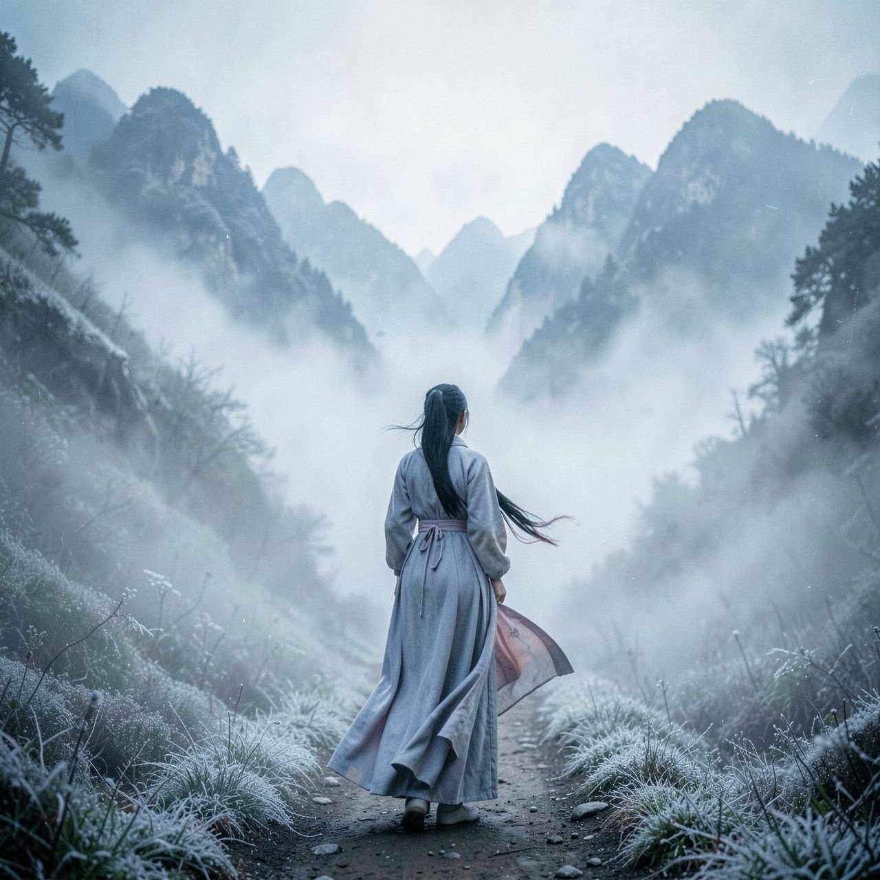 A girl wearing traditional Chinese clothing stands on a narrow path in a mist-covered valley, facing away and looking into the distance. Thick fog drifts softly around her, partially hiding the landscape. In the far distance, majestic mountains rise through the mist, cold and silent. The atmosphere feels frosty, calm, and poetic, as if captured in a cinematic fantasy film. Soft winter light, pale blue and gray tones, subtle frost in the air, flowing fabric gently moved by the cold wind. Cinematic composition, wide-angle shot, misty environment, soft diffused lighting, realistic textures, gentle film grain, serene and emotional mood, like a scene from an epic historical fantasy movie.
