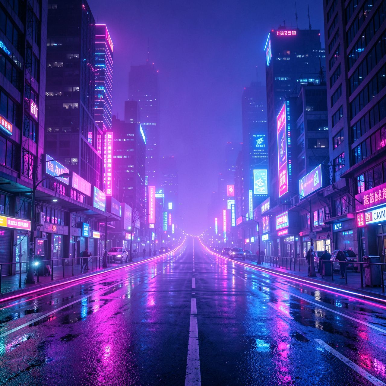 A cinematic synthwave cyberpunk city at night: endless neon-lit roads stretch through a futuristic metropolis. Skyscrapers glow with pink, purple, and electric blue lights, disappearing into thick violet-blue fog. Wet asphalt reflects pure neon light and abstract holographic glow, creating a dreamlike, retro-futuristic atmosphere. The city feels vast, lonely, and epic, like the fall of a digital world. Strong synthwave aesthetics, 80s cyberpunk mood, glowing lights, neon haze, wide-angle perspective, cinematic lighting, retro-futurism, ultra-detailed, high contrast, album cover, 4K, no text, no letters, no symbols, no logos, no signage.