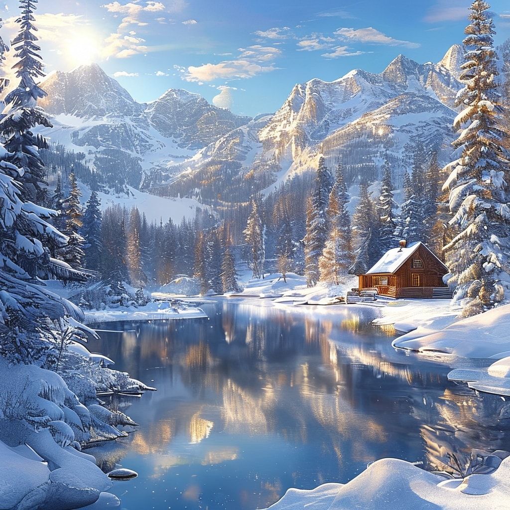 A breathtaking winter landscape featuring snow-covered mountains, a frozen lake reflecting the clear blue sky, and a cozy wooden cabin nestled among snow-laden pine trees. The scene is bathed in soft, golden sunlight from a low winter sun, creating a serene and magical atmosphere. Photorealistic style, high resolution, vibrant colors, detailed snow texture, and a sense of tranquility and wonder.