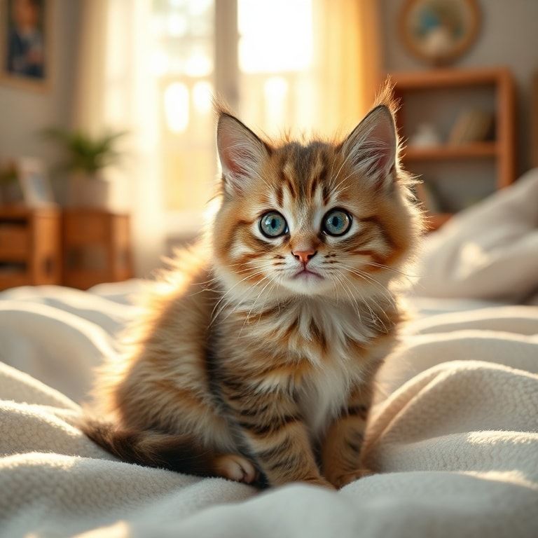 A cute fluffy cat with bright eyes, sitting on a soft blanket in a cozy room with warm sunlight, photorealistic style, high quality