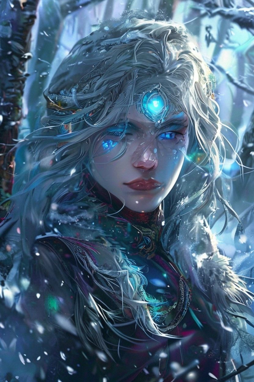 mystical young woman with silver hair and glowing blue eyes stands amidst an ancient, snow-laden forest