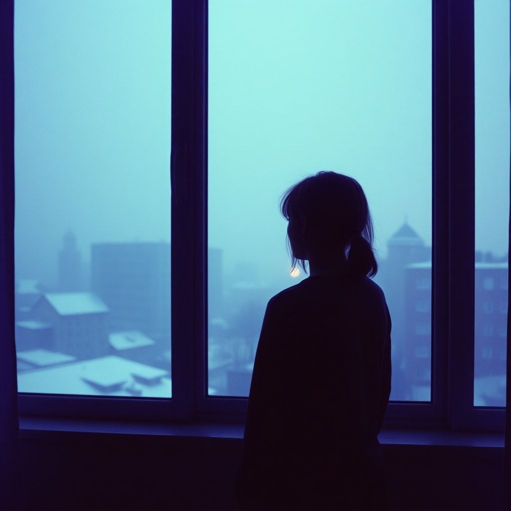 A girl stands inside a quiet room, facing away, looking out through a window. Outside, a foggy February winter unfolds — light snowfall drifts slowly through the air, and the sky glows with soft violet and muted purple tones. The city beyond the glass feels distant and blurred by mist. Cold winter light enters the room gently, casting subtle shadows. The atmosphere is calm, introspective, and emotional, capturing a moment of stillness and inner change. Cinematic composition, soft diffused lighting, shallow depth of field, cool color palette with violet accents, misty winter mood, realistic textures, gentle film grain, intimate and poetic atmosphere, like a scene from a quiet winter film.