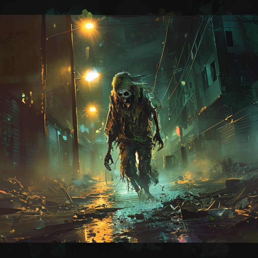 A desolate urban street bathed in the eerie glow of flickering streetlights, where a lone zombie stumbles through scattered debris, its tattered clothes swaying in the cold wind. The scene is rende...