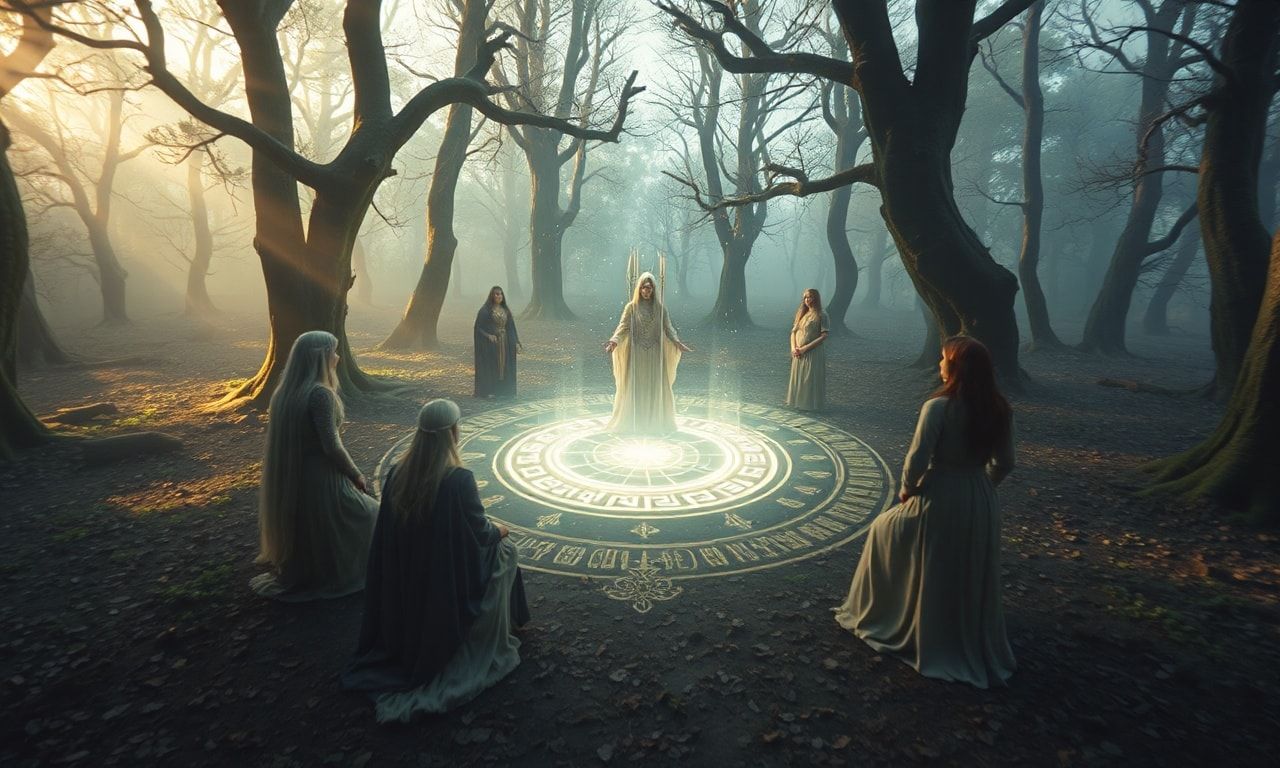 Cinematic elven magic circle ritual fantasy video, slow panning around a sacred grove where an elegant elven maiden and companions form a glowing magic circle, runes and wards rising in the air, gentle camera movements and smooth transitions, soft light particles and dome of protection, moonlight through ancient trees, ritual and protective atmosphere, fantasy aesthetic, peaceful and mystical mood, high quality visual effects, dreamlike composition
