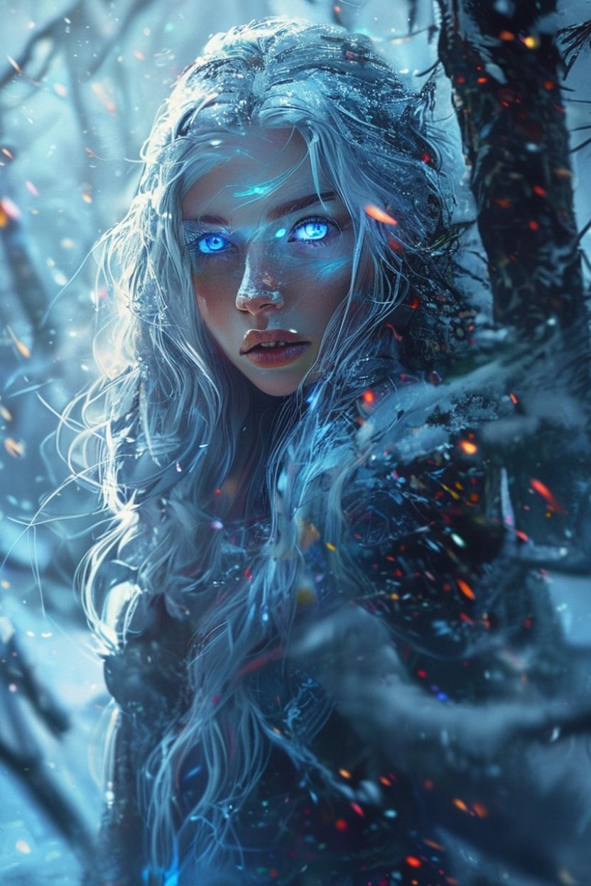 mystical young woman with silver hair and glowing blue eyes stands amidst an ancient, snow-laden forest