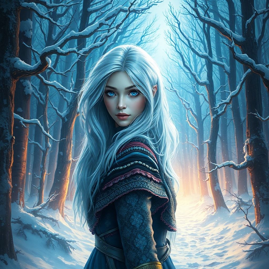 mystical young woman with silver hair and glowing blue eyes stands amidst an ancient, snow-laden forest