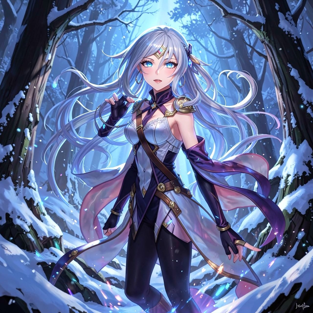 mystical young woman with silver hair and glowing blue eyes stands amidst an ancient, snow-laden forest