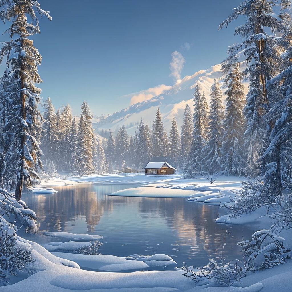 A breathtaking winter landscape featuring a frozen lake surrounded by snow-laden evergreen trees. In the distance, a cozy wooden cabin with a smoke rising from its chimney nestles among the trees. The sky is a clear, deep blue, and the low sun casts a soft, warm golden light across the scene, creating a magical and serene atmosphere. The snow on the ground and trees is detailed with a crisp, photorealistic texture, emphasizing the cold, fresh air. The composition is balanced, with the lake leading the eye towards the cabin, evoking a sense of peaceful solitude and winter wonder.