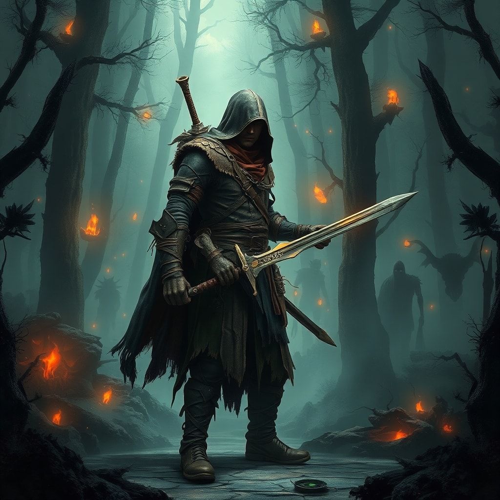 A lone fantasy warrior, clad in tattered leather armor and a tattered cloak, stands amidst a dense, mist-shrouded forest, his sword drawn, ready for battle. The forest is alive with eerie, glowing ...