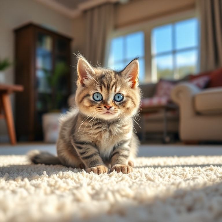 A cute, fluffy gray tabby cat with bright blue eyes, sitting on a soft, white carpet in a cozy living room with sunlight streaming through a window, looking directly at the viewer with a playful and friendly expression. Photorealistic style, high detail, vibrant colors, 4K resolution, 1024x1024 pixels.