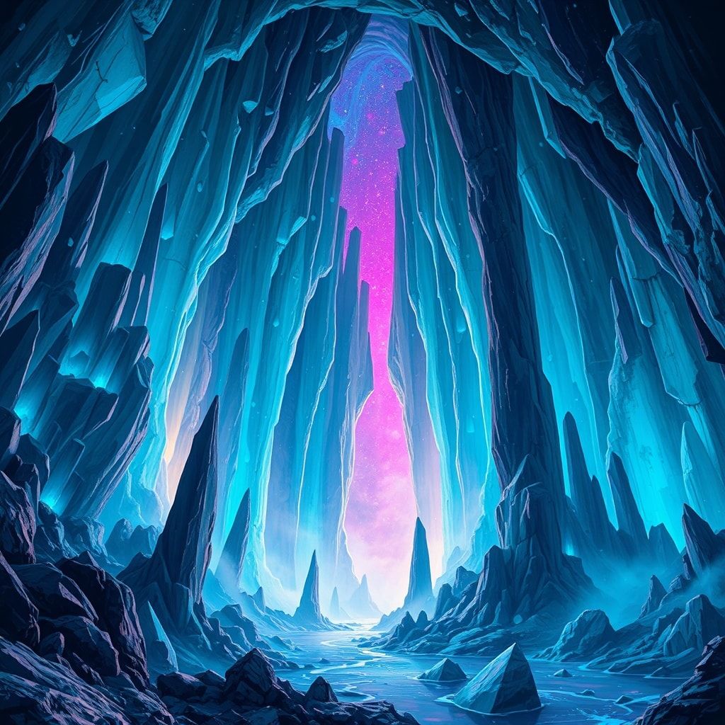 A surrealist crystal cave with towering, bioluminescent formations casting eerie blue and violet hues, impossible geometric angles defying gravity, dreamlike mist swirling between jagged spires, et...