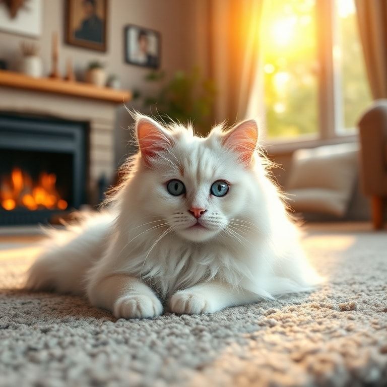 A cute, fluffy long-haired white cat with bright blue eyes, lying on a soft gray carpet in a cozy living room with a warm fireplace in the background. Bathed in warm golden hour sunlight streaming through a nearby window. Highly detailed photorealistic style, serene and cozy atmosphere, 1024x1024 pixels