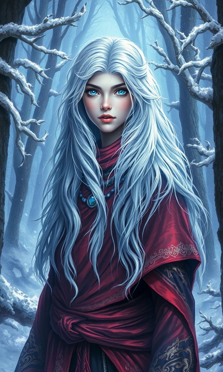 mystical young woman with silver hair and glowing blue eyes stands amidst an ancient, snow-laden forest