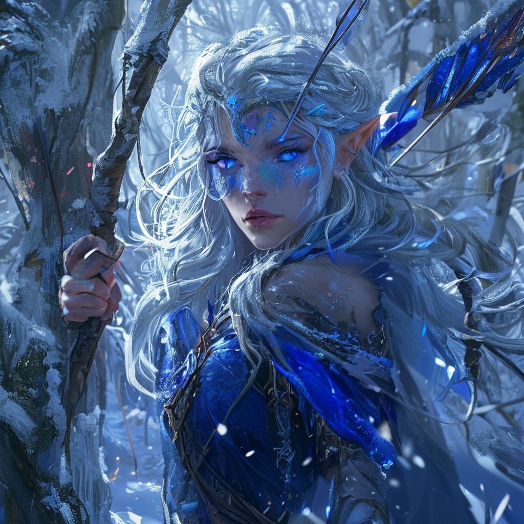 mystical young woman elf with silver hair and glowing blue eyes stands amidst an ancient, snow-laden forest, elven archer