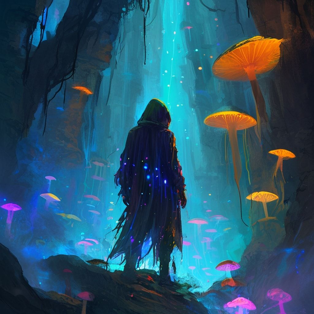 bioluminescent fungi pulse in the ruins below. A lone, hooded figure stands..