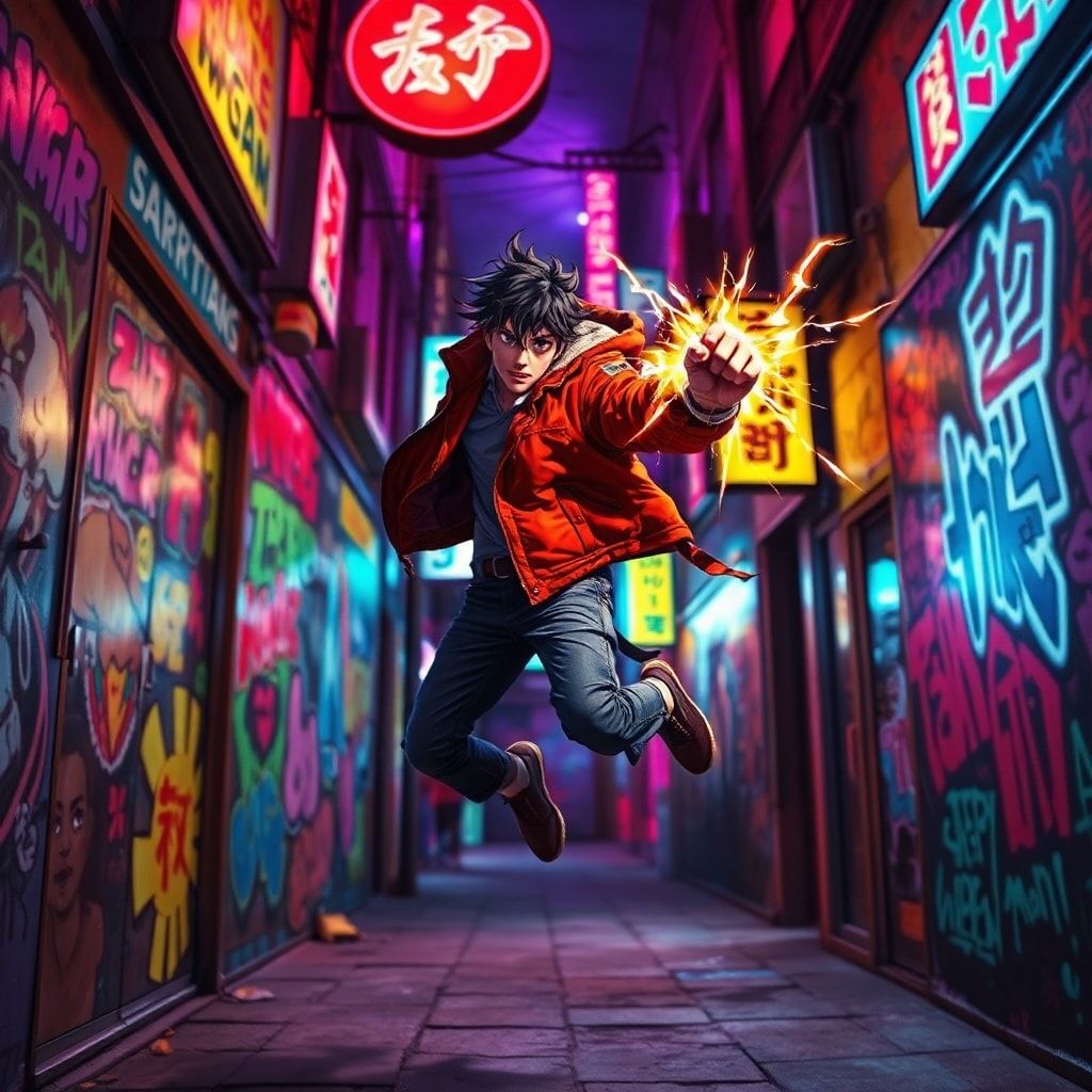 A neon-lit alleyway explodes with vibrant street art, glowing under flickering holographic signs. A lone shonen hero, clad in a tattered red jacket, leaps mid-air, fist ignited with electric energy...