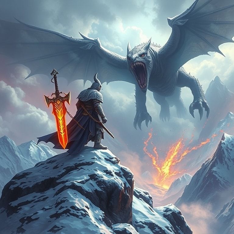 A towering, armored warrior stands atop a snow-capped peak, wielding a glowing rune-etched blade as a colossal, scaled beast descends from storm-wracked skies, its wings casting jagged shadows over...