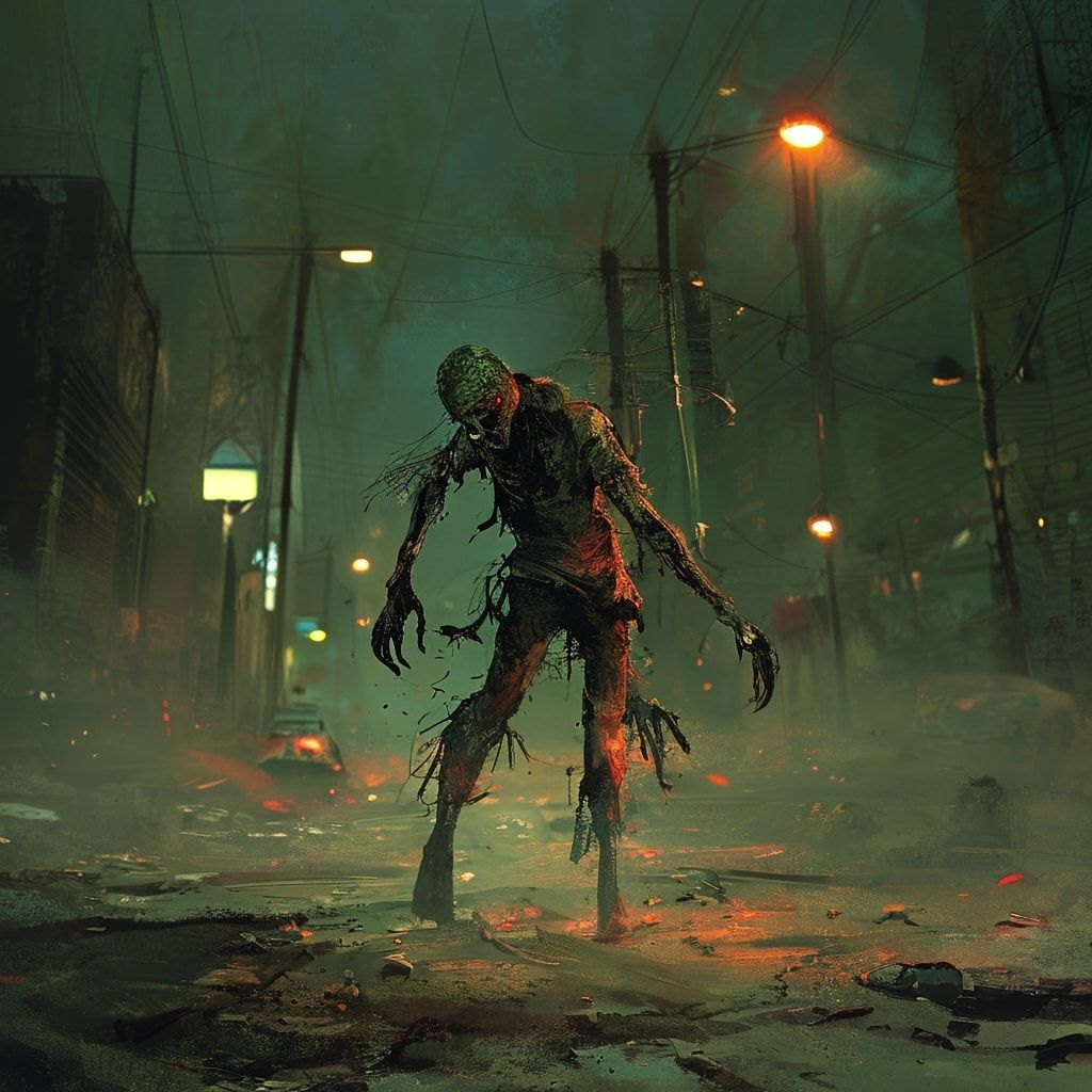 A desolate urban street bathed in the eerie glow of flickering streetlights, where a lone zombie stumbles through scattered debris, its tattered clothes swaying in the cold wind. The scene is rende...