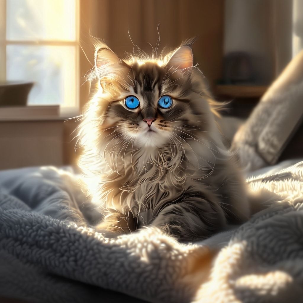 A cute, fluffy long-haired cat with bright blue eyes, sitting on a soft gray blanket in a cozy living room with warm sunlight streaming through a window, realistic photorealistic style, high detail, 1024x1024 pixels