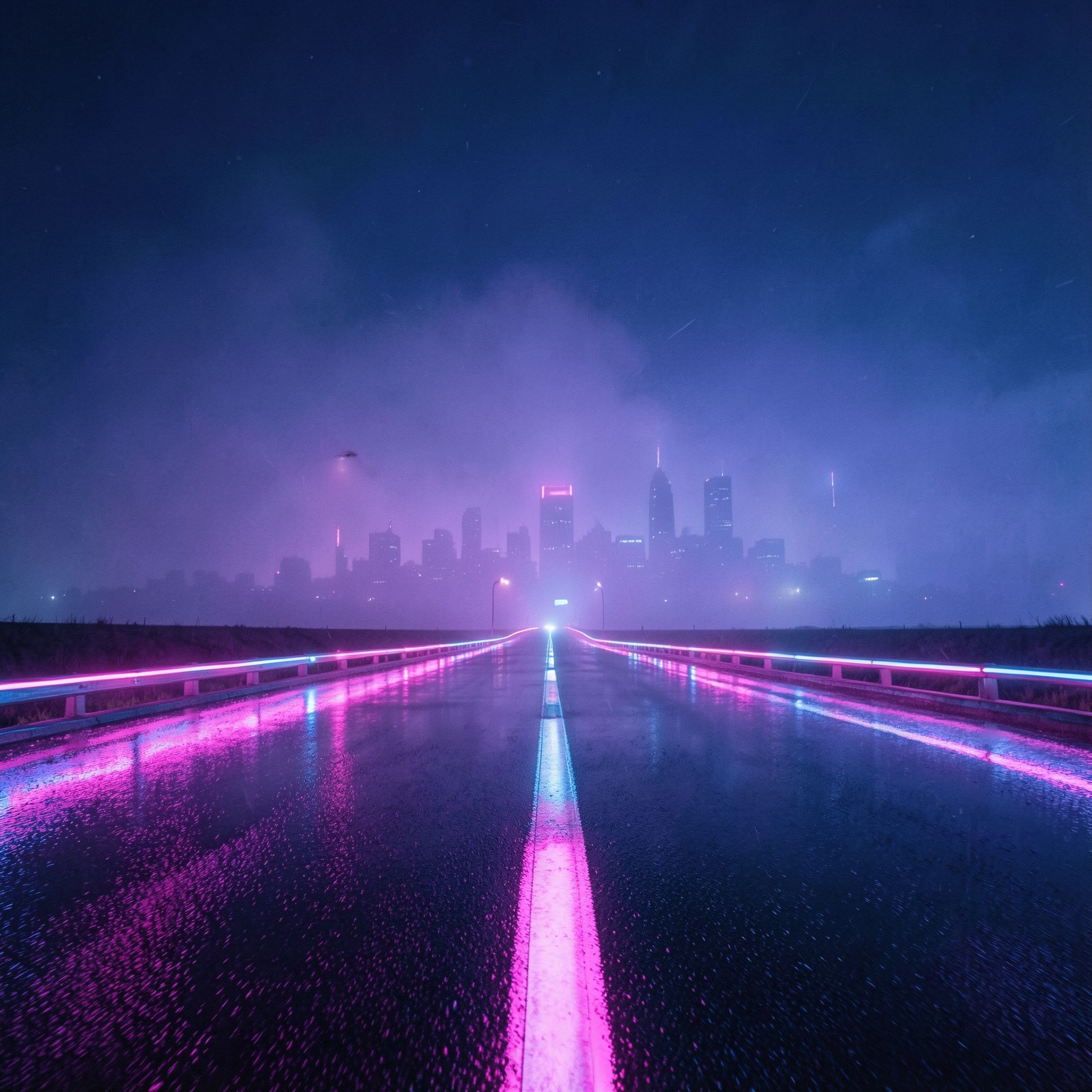 A cinematic synthwave scene at night: a long, empty futuristic road dominates the foreground, glowing with neon pink and electric blue light. Wet asphalt reflects the neon glow, creating strong symmetrical reflections and a sense of motion and depth. In the far distance, a futuristic city skyline is barely visible through thick violet-blue fog, reduced to soft silhouettes with no visible details. The focus is entirely on the road and atmosphere, not the buildings. The mood is lonely, epic, and retro-futuristic, inspired by synthwave aesthetics. 80s cyberpunk mood, neon haze, minimal city presence, wide-angle perspective, cinematic lighting, retro-futurism, ultra-detailed, high contrast, album cover, 4K, no text, no signs, no billboards, no letters, no symbols, no logos.
