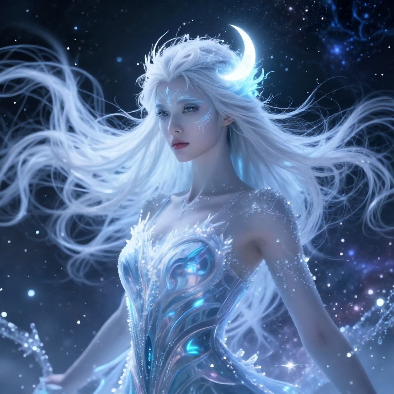 ethereal frozen oracle girl, pale icy skin, white-silver hair, luminous moon sigil, frost particles, cosmic silence, cinematic ultra-detailed