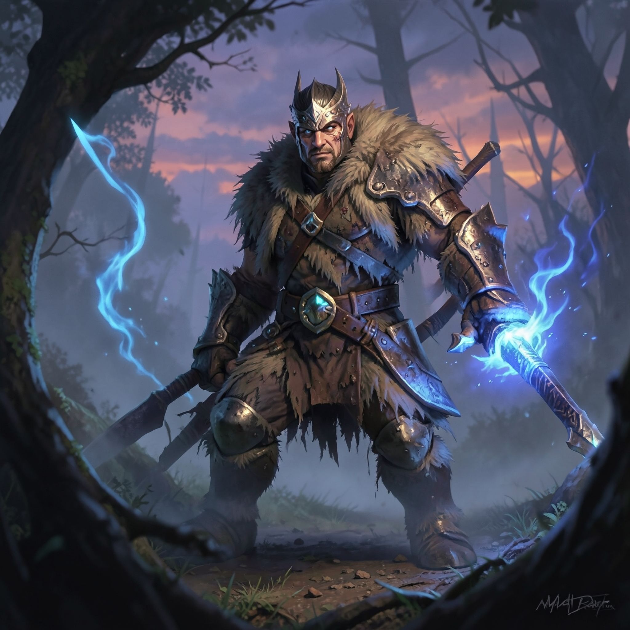 A battle-worn fantasy warrior, clad in tattered fur and enchanted steel, stands amidst a mist-shrouded forest at dusk, his sword glowing with ethereal blue flames as he faces an unseen foe, surroun...
