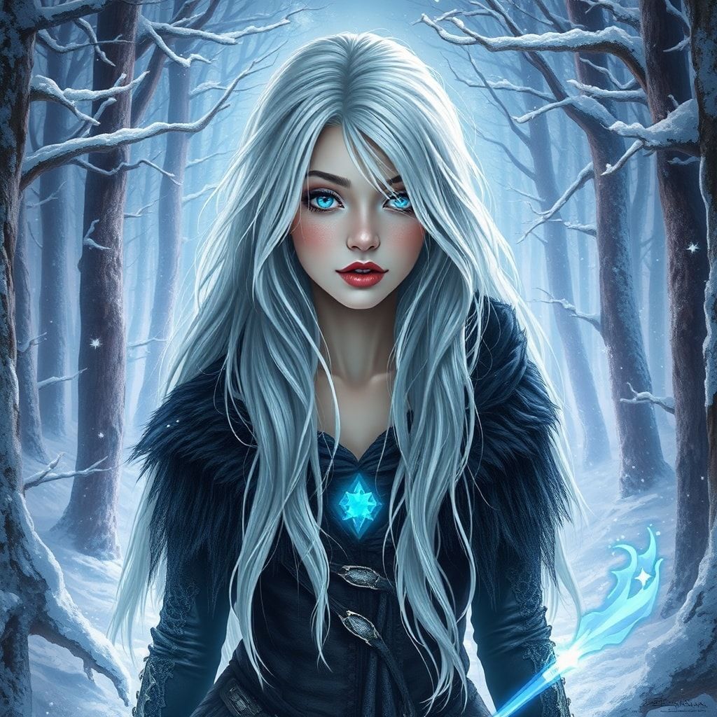 mystical young woman with silver hair and glowing blue eyes stands amidst an ancient, snow-laden forest