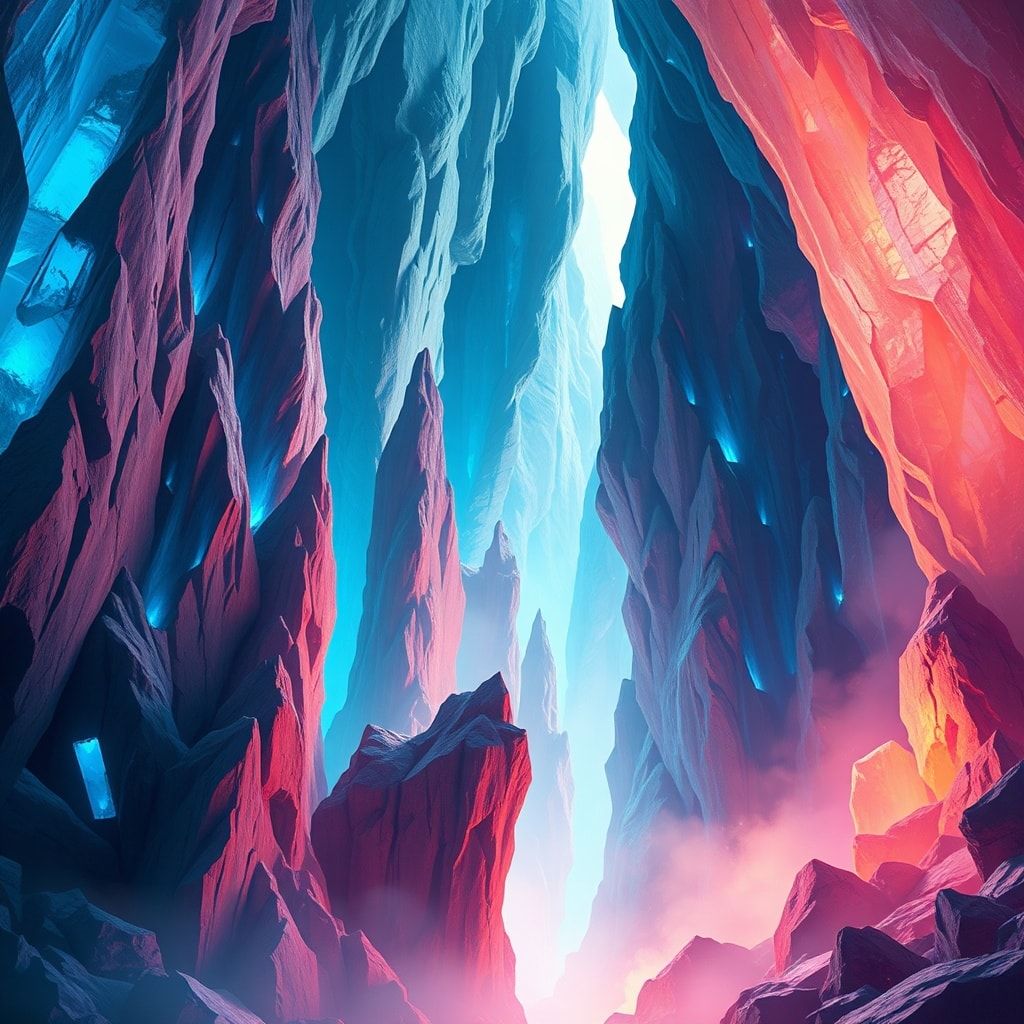 A surrealist crystal cave with towering, bioluminescent formations casting eerie blue and violet hues, impossible geometric angles defying gravity, dreamlike mist swirling between jagged spires, et...