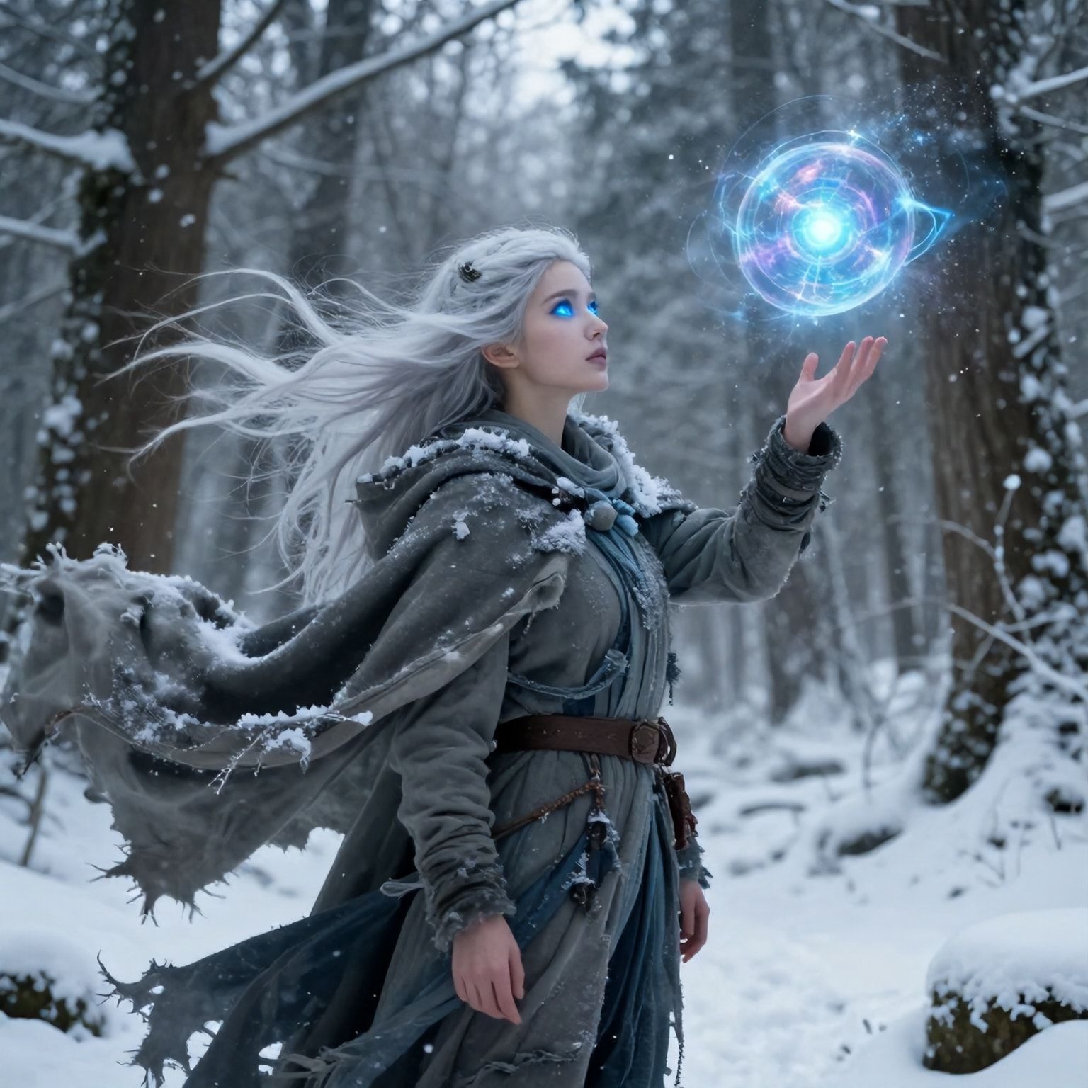 A mystical young woman with silver hair and glowing blue eyes stands amidst an ancient, snow-laden forest, her tattered cloak billowing in the icy wind as she gazes at a floating orb of ethereal li...