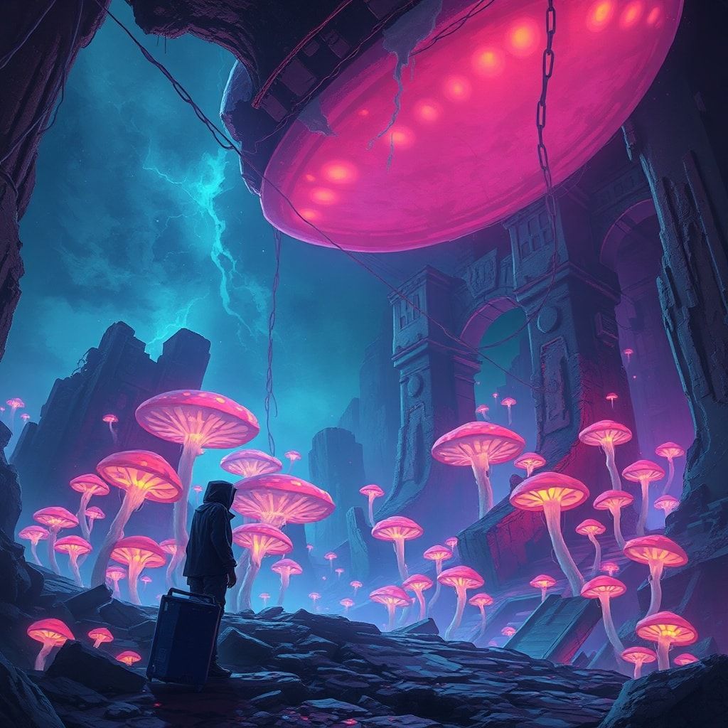 bioluminescent fungi pulse in the ruins below. A lone, hooded figure stands...