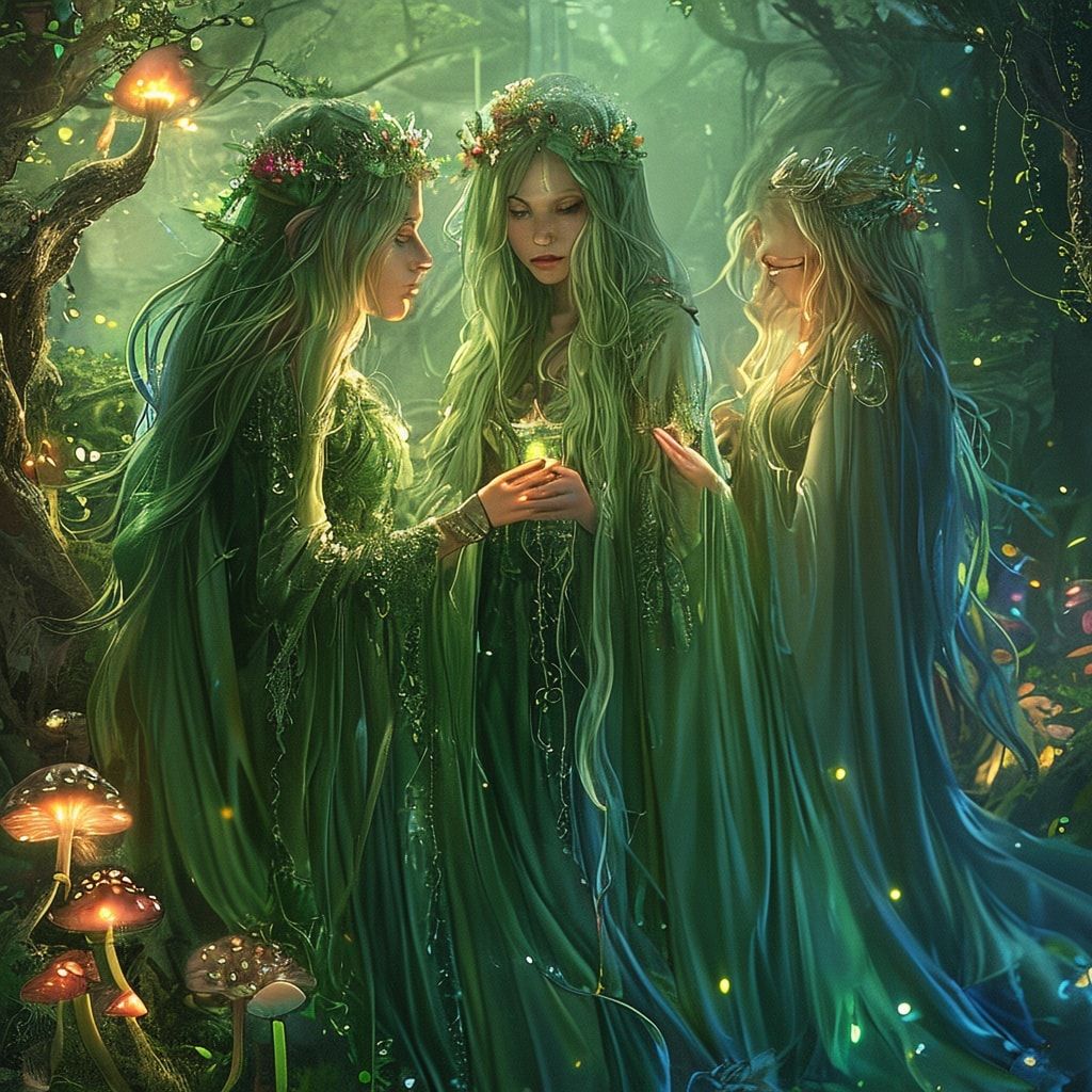 A fantasy scene with beautiful, graceful elves. They have long, flowing hair in shades of green and blue, wearing elegant, flowing gowns and cloaks. The background is a mystical, enchanted forest with glowing mushrooms, ancient trees, and a soft, magical light filtering through the canopy. The elves appear serene and magical, with one holding a small, glowing flower. Photorealistic style, high detail, magical atmosphere, vibrant colors.