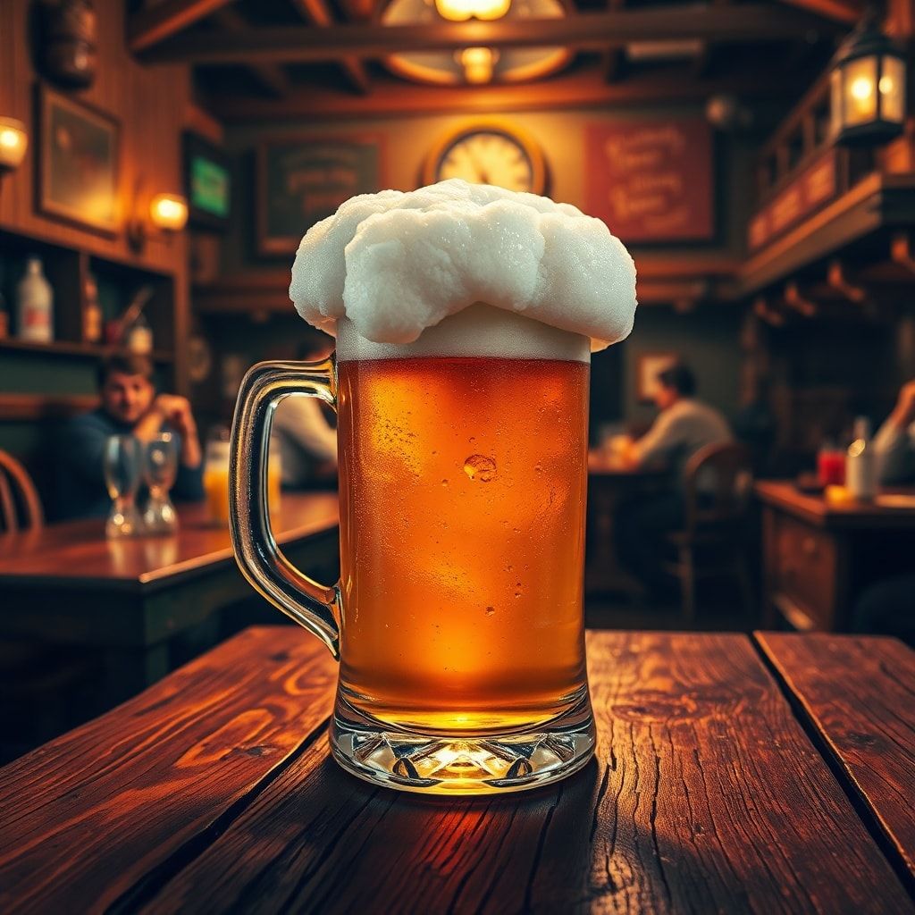 A frothy, overflowing tankard of golden ale rests on a weathered oak table, glowing under the warm amber light of a crackling hearth. The bustling tavern hums with laughter and clinking mugs, its s...