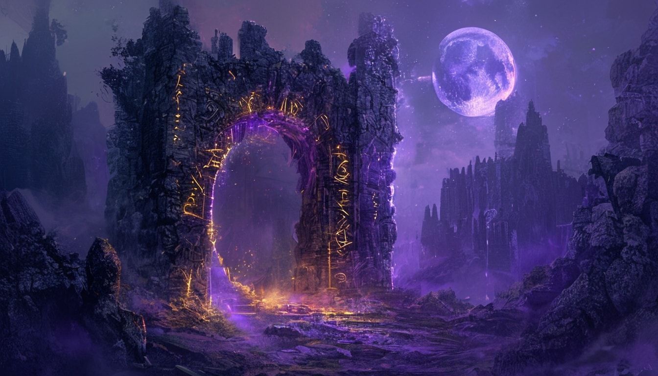 A towering, crumbling stone archway in a moonlit abandoned castle, glowing with swirling violet and gold runes, reveals a shimmering portal to another realm. Ethereal mist curls around ancient ruin...