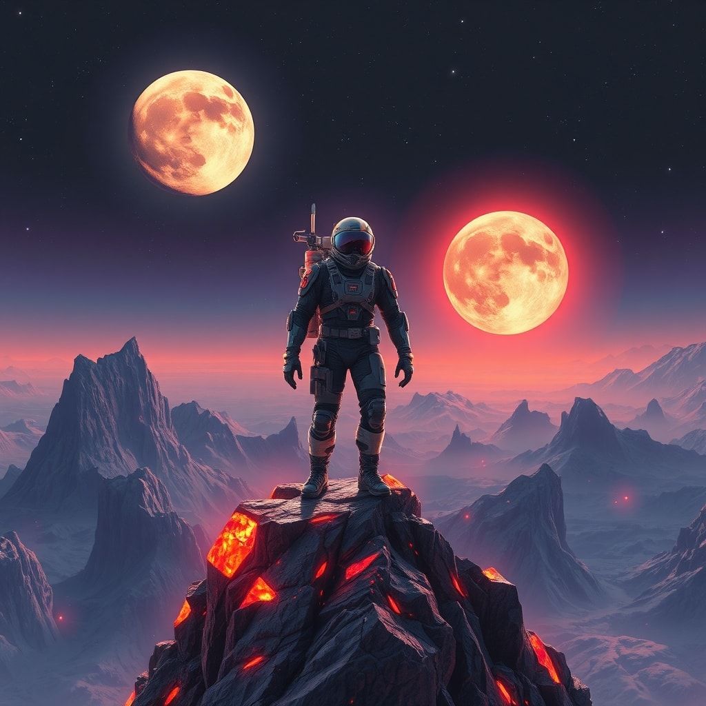 A lone space explorer in a high-tech exosuit stands atop a jagged crystalline ridge on an alien planet, bathed in the eerie glow of twin bioluminescent moons, their helmet visor reflecting the swir...