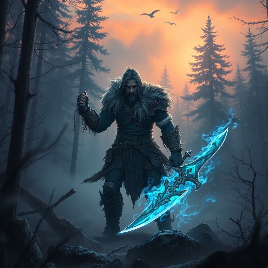 A battle-worn fantasy warrior, clad in tattered fur and enchanted steel, stands amidst a mist-shrouded forest at dusk, his sword glowing with ethereal blue flames as he faces an unseen foe, surroun...