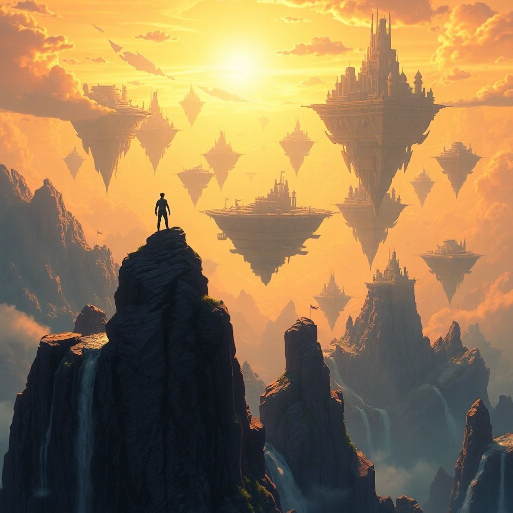 A vast expanse of floating islands drifts through a golden twilight sky, their jagged cliffs adorned with ancient ruins and cascading waterfalls. A lone adventurer stands atop the highest peak, sil...