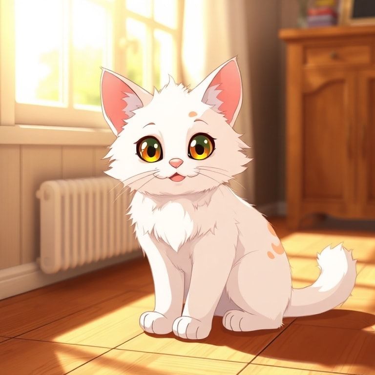 A cute and fluffy anime-style cat with bright, expressive eyes, sitting on a wooden floor in a cozy, sunlit room. The cat has a soft, white fur with a few light brown patches on its ears and tail. It looks curious and friendly, with a slight smile on its face. The room is filled with warm, natural sunlight streaming through a nearby window, casting gentle shadows. The style is highly detailed, vibrant, and photorealistic, capturing the charm of anime art.