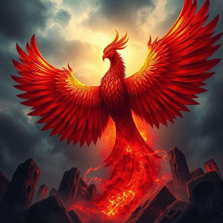A towering phoenix erupts from smoldering ruins, wings ablaze in crimson and gold, silhouetted against a storm-choked sky. Noir-inspired high-contrast lighting carves deep shadows, emphasizing jagg...