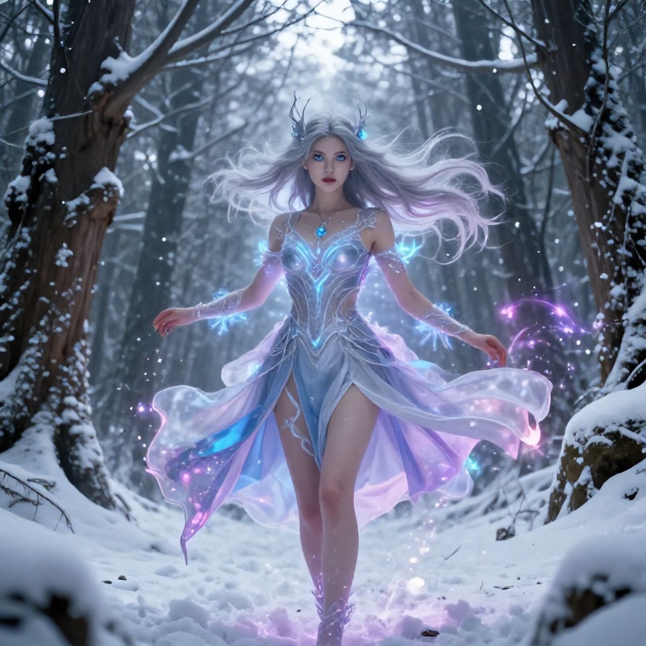 mystical young woman with silver hair and glowing blue eyes stands amidst an ancient, snow-laden forest, magical aura