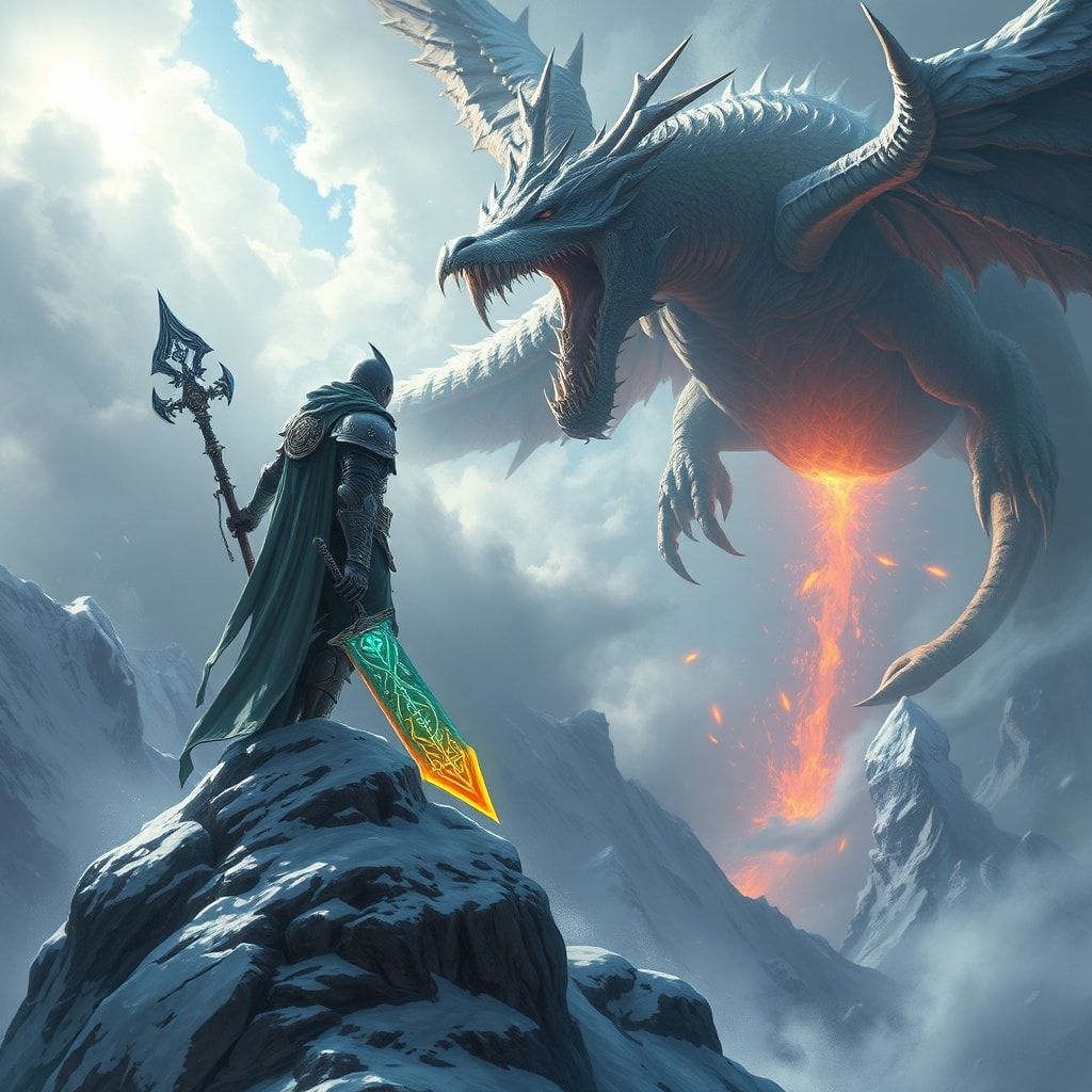 A towering, armored warrior stands atop a snow-capped peak, wielding a glowing rune-etched blade as a colossal, scaled beast descends from storm-wracked skies, its wings casting jagged shadows over...