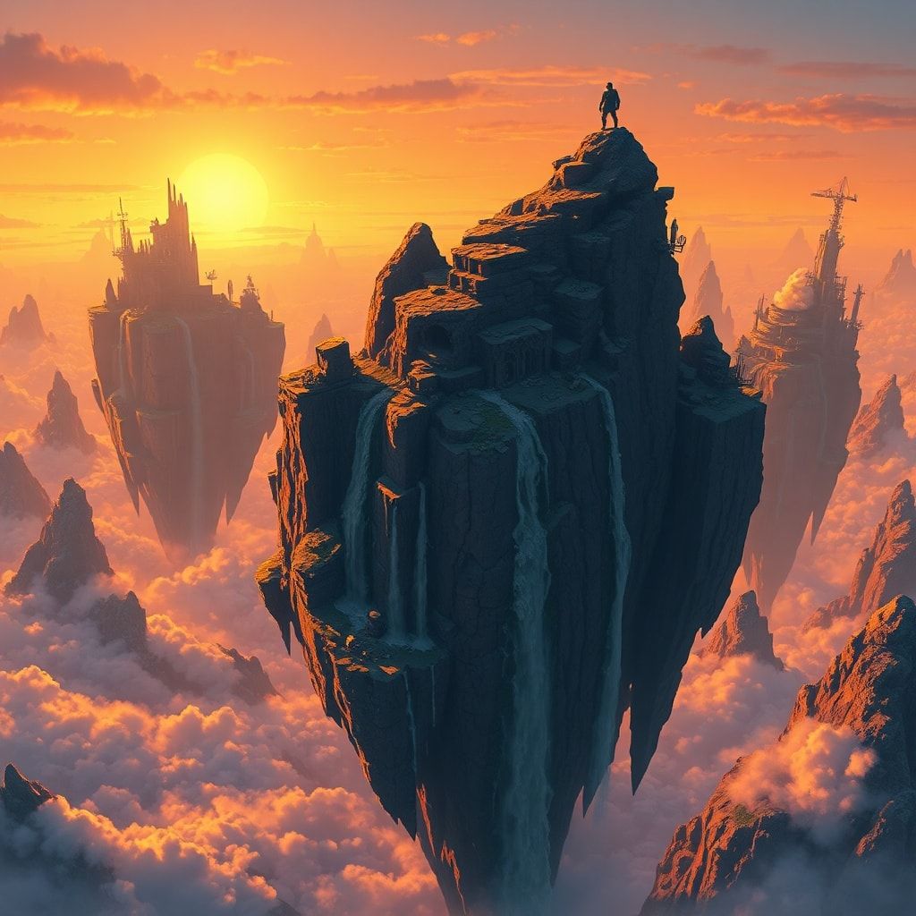 A vast expanse of floating islands drifts through a golden twilight sky, their jagged cliffs adorned with ancient ruins and cascading waterfalls. A lone adventurer stands atop the highest peak, sil...