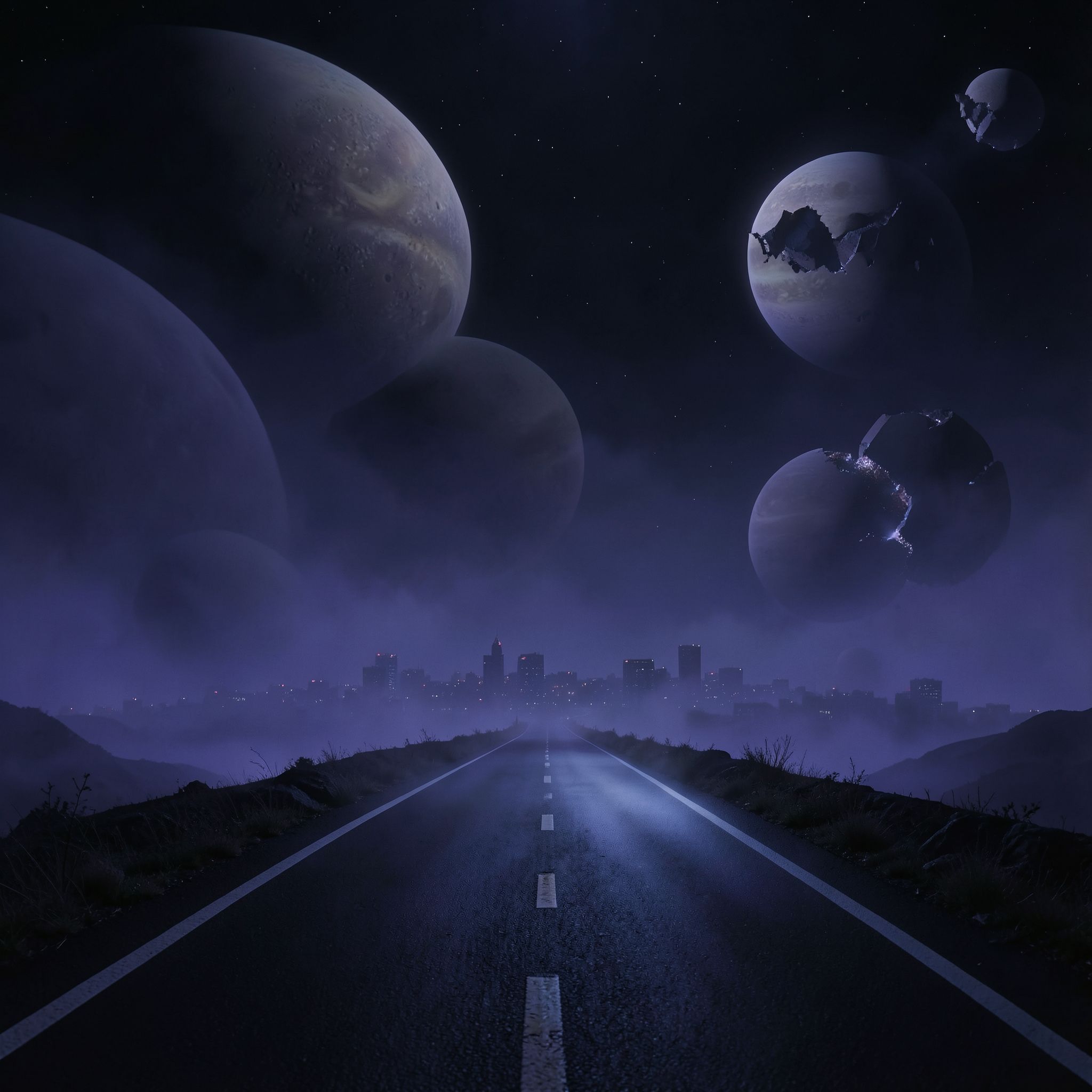A dark, cinematic synthwave scene where a lonely night road fades into an otherworldly cosmic landscape. The city feels distant and abstract, barely visible through deep violet and blue mist. Above the horizon, massive planets and fractured moons glow softly, suspended in the dark sky like ancient celestial beings.