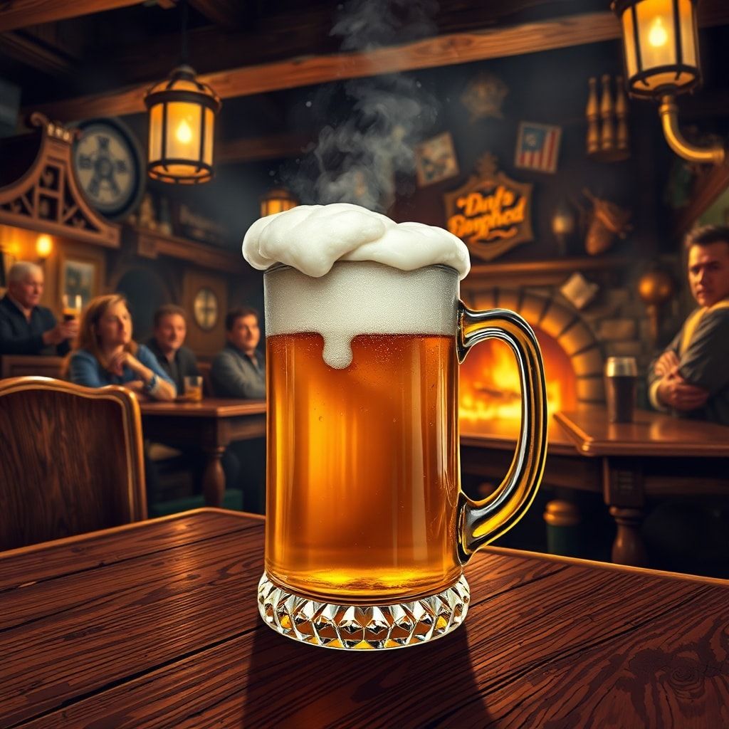 A frothy, overflowing tankard of golden ale rests on a weathered oak table, glowing under the warm amber light of a crackling hearth. The bustling tavern hums with laughter and clinking mugs, its s...