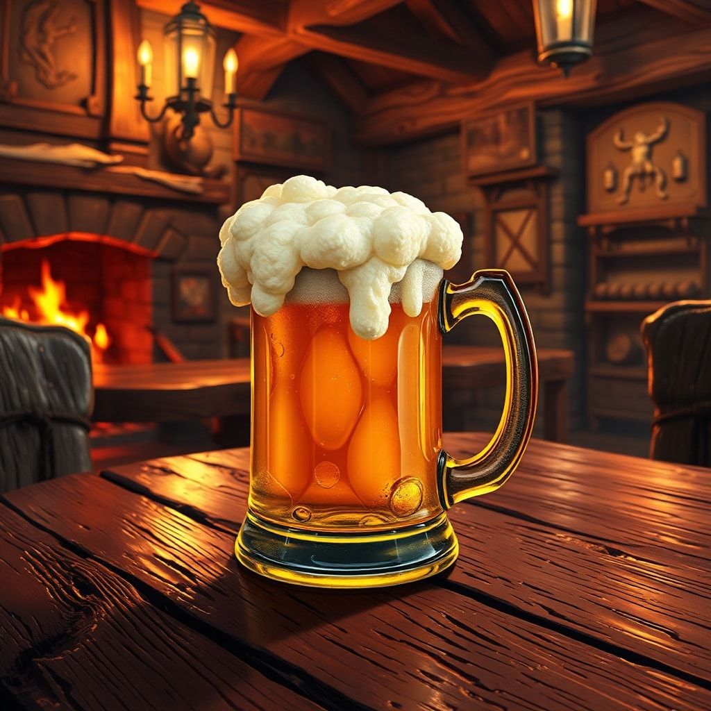 A frothy, overflowing tankard of golden ale rests on a weathered oak table, glowing under the warm amber light of a crackling hearth. The bustling tavern DND, dungeons of dragons