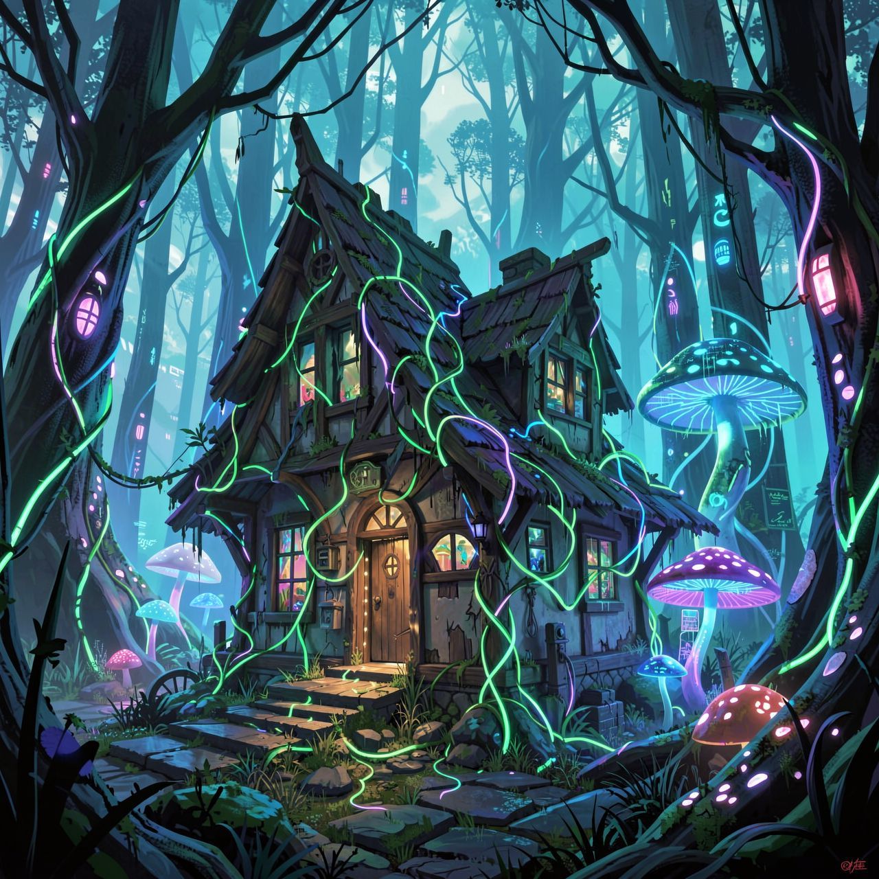 A dilapidated fairy tale cottage with glowing neon vines and flickering holographic mushrooms, nestled in a cyberpunk forest of towering bioluminescent trees, bathed in eerie blue-green neon light ...